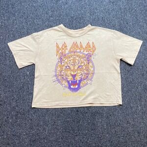 Def Leppard Rock of‎ Ages TShirt Sz S Womens Tan Retro Band Tee Leopard Graphic